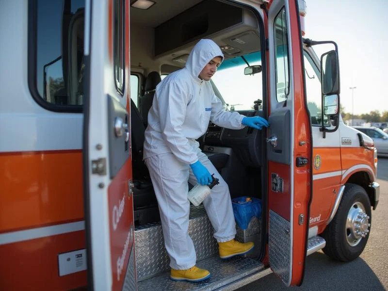 Emergency vehicle interior undergoing professional decontamination